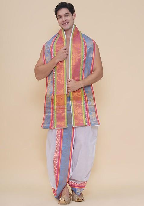 White Cotton Border Dhoti Pant With Thundu For Men