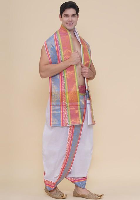 White Cotton Border Dhoti Pant With Thundu For Men