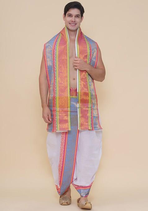 White Cotton Border Dhoti Pant With Thundu For Men