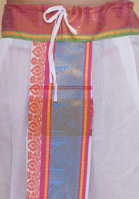 White Cotton Border Dhoti Pant With Thundu For Men