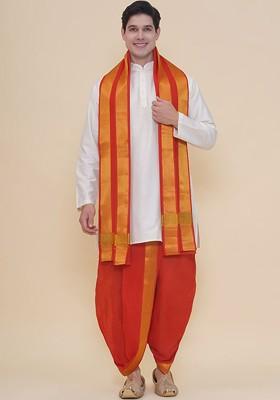 Red Cotton Dhoti Pant With Angavastram For Men