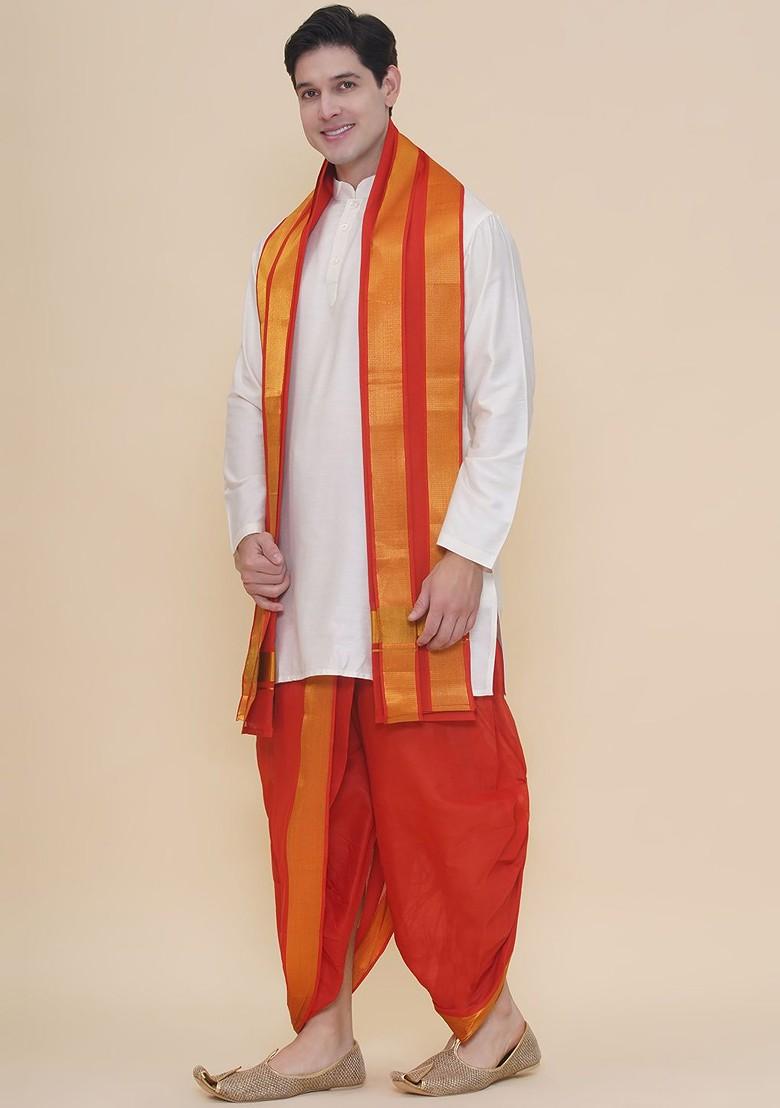 Red Cotton Dhoti Pant With Angavastram For Men