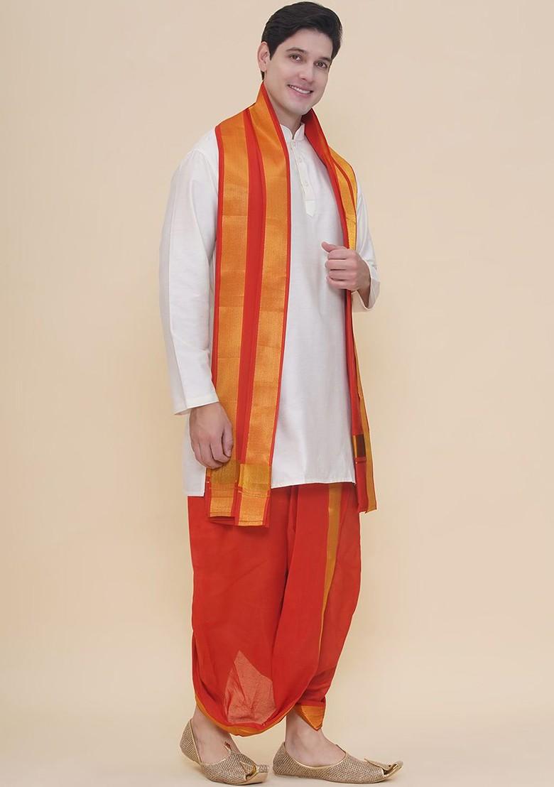 Red Cotton Dhoti Pant With Angavastram For Men