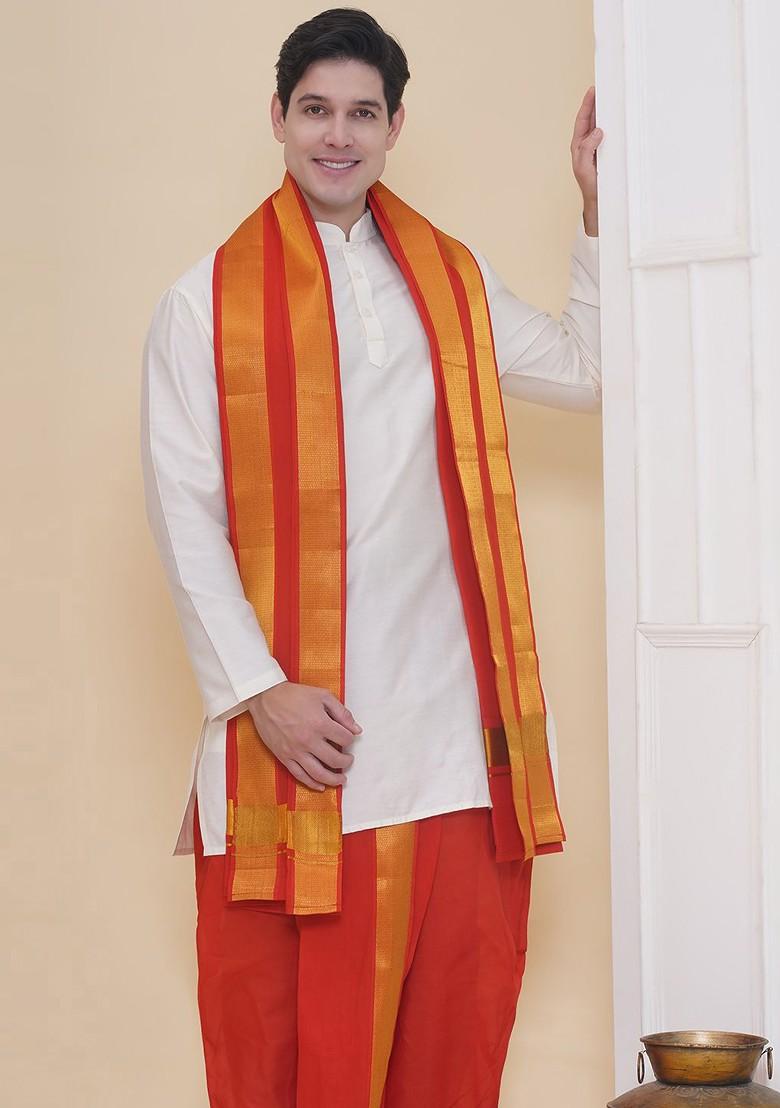 Red Cotton Dhoti Pant With Angavastram For Men