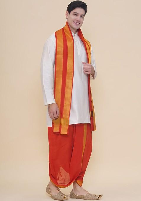 Red Cotton Dhoti Pant With Angavastram For Men