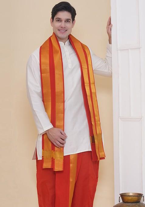 Red Cotton Dhoti Pant With Angavastram For Men