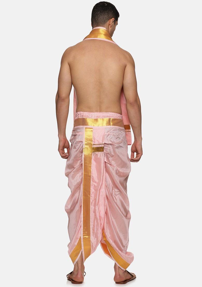 Pink Mid Rise Art Silk Dhotipants With Angavastram For Men - Indya