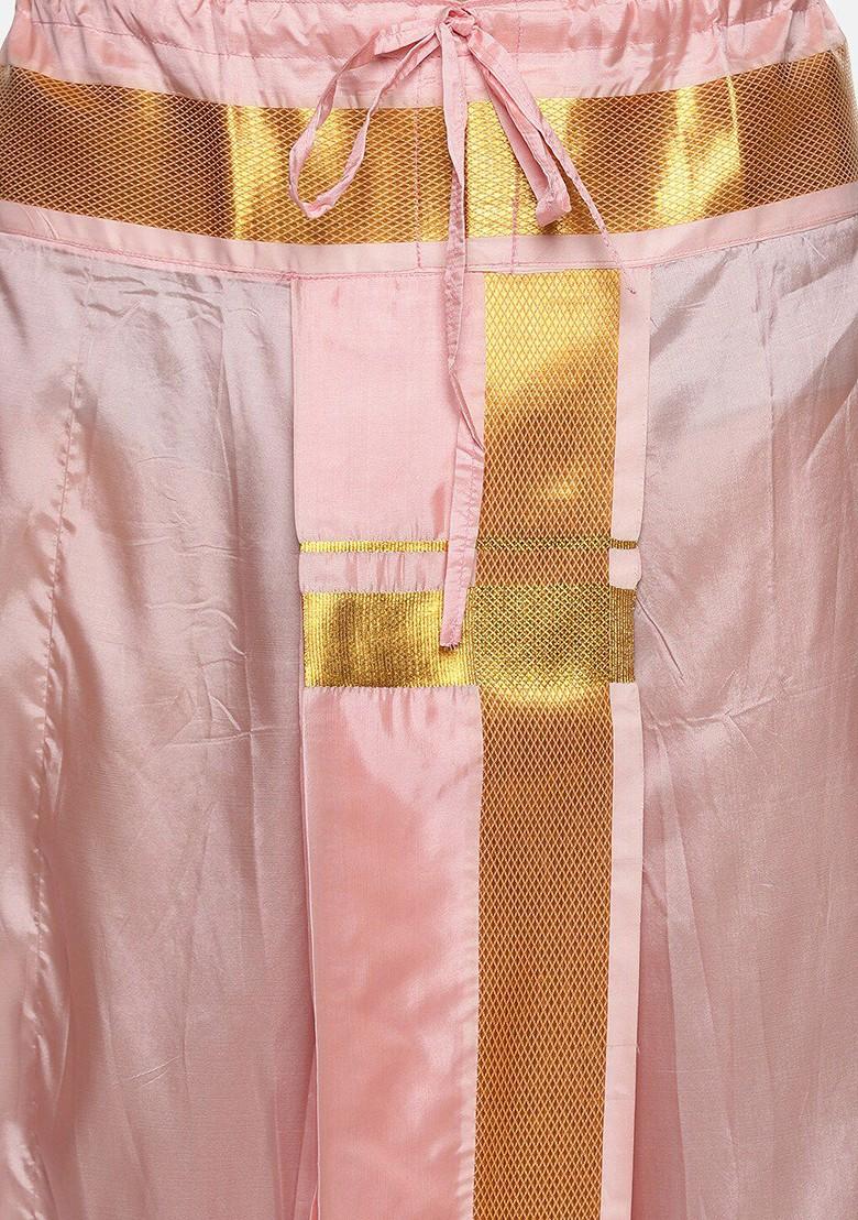 Pink Mid Rise Art Silk Dhotipants With Angavastram For Men
