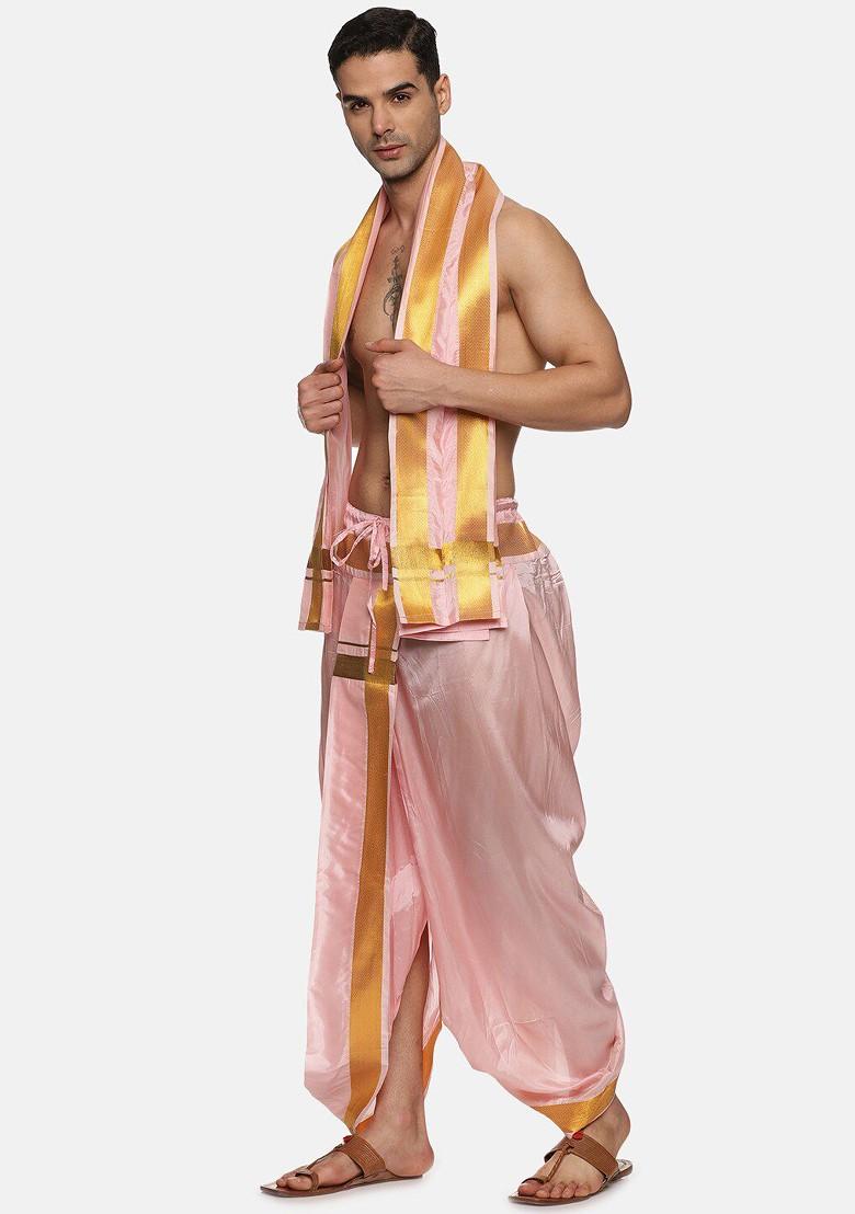 Pink Mid Rise Art Silk Dhotipants With Angavastram For Men