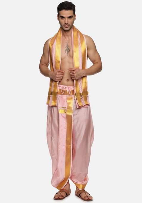 Pink Mid Rise Art Silk Dhotipants With Angavastram For Men