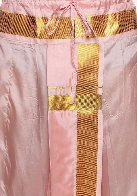 Pink Mid Rise Art Silk Dhotipants With Angavastram For Men
