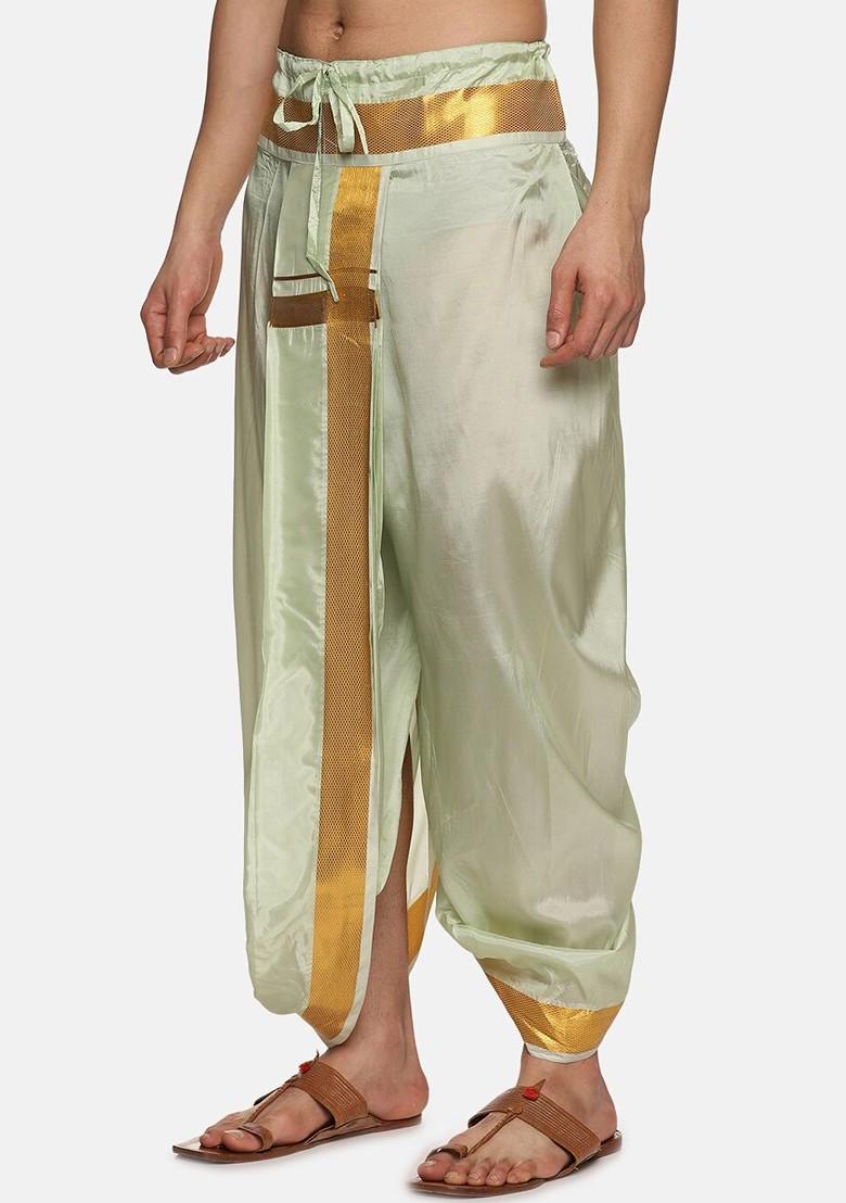Green Mid Rise Art Silk Dhotipants For Men - Indya