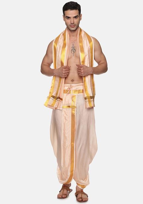 Orange Mid Rise Art Silk Dhotipants With Angavastram For Men