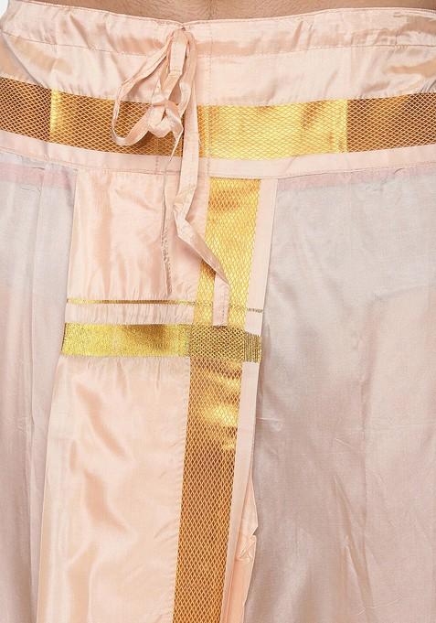 Orange Mid Rise Art Silk Dhotipants With Angavastram For Men