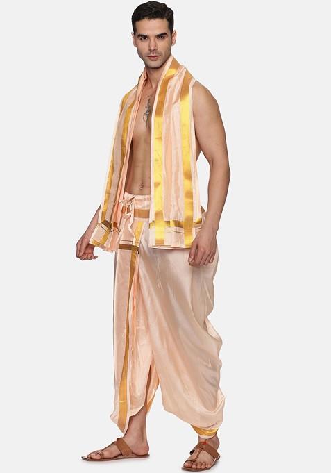 Orange Mid Rise Art Silk Dhotipants With Angavastram For Men