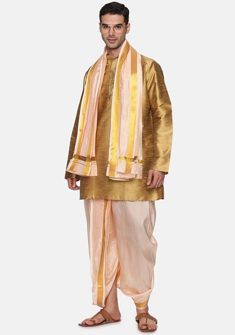 Orange Mid Rise Art Silk Dhotipants With Angavastram For Men