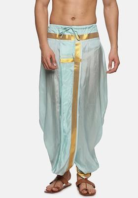 Blue Mid Rise Art Silk Dhotipants For Men