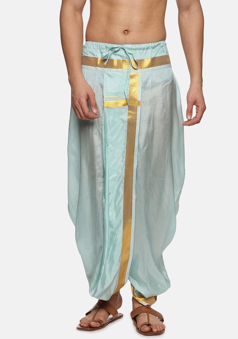 Blue Mid Rise Art Silk Dhotipants For Men - Indya