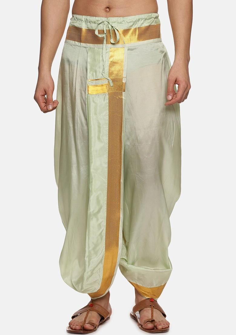 Green Mid Rise Art Silk Dhotipants For Men - Indya