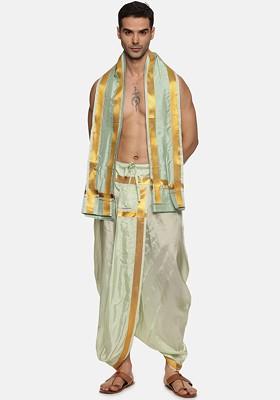 Green Mid Rise Dhotipants With Angavastram For Men
