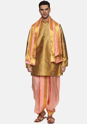 Peach Mid Rise Dhotipants With Angavastram For Men