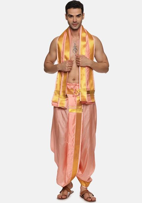 Peach Mid Rise Dhotipants With Angavastram For Men