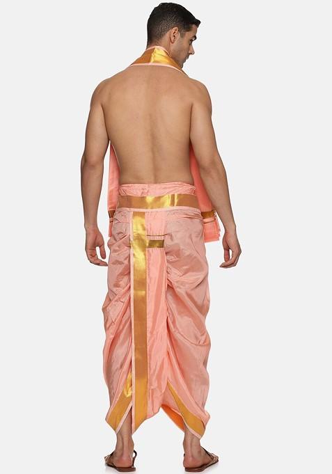Peach Mid Rise Dhotipants With Angavastram For Men