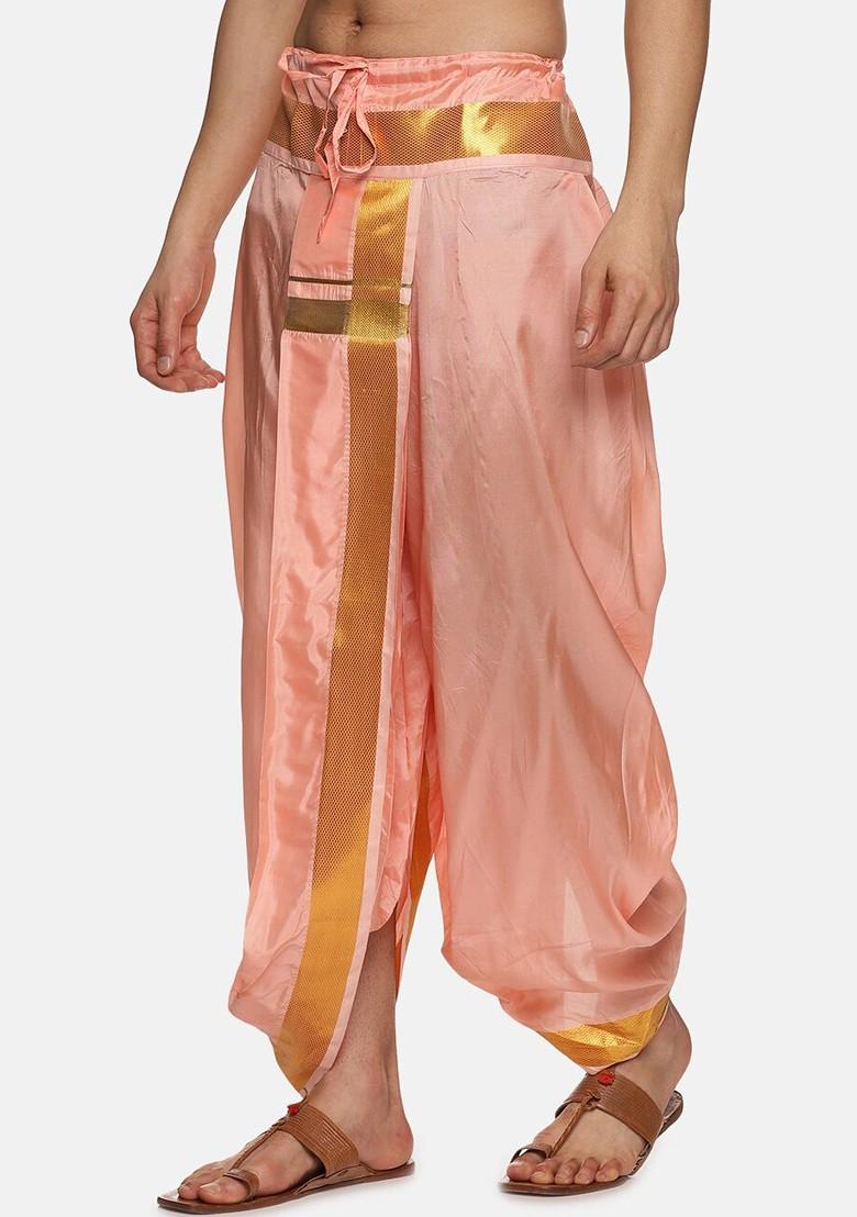 Peach Mid Rise Art Silk Dhotipants For Men - Indya