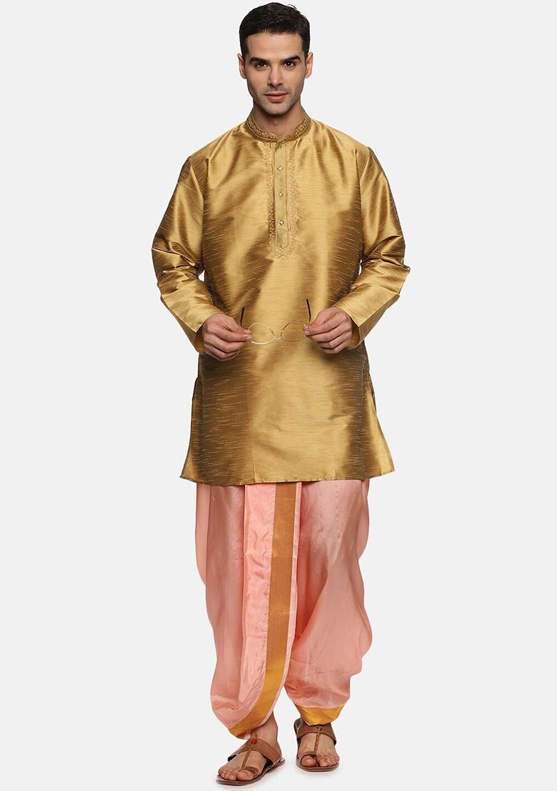 Peach Mid Rise Art Silk Dhotipants For Men - Indya