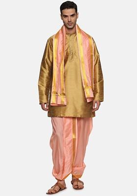 Peach Mid Rise Dhotipants With Angavastram For Men