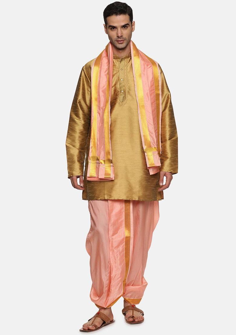Peach Mid Rise Dhotipants With Angavastram For Men