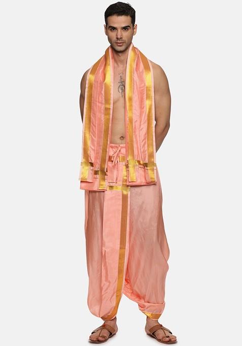 Peach Mid Rise Dhotipants With Angavastram For Men