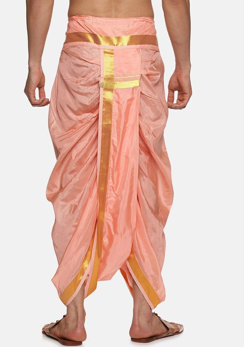 Peach Mid Rise Art Silk Dhotipants For Men - Indya