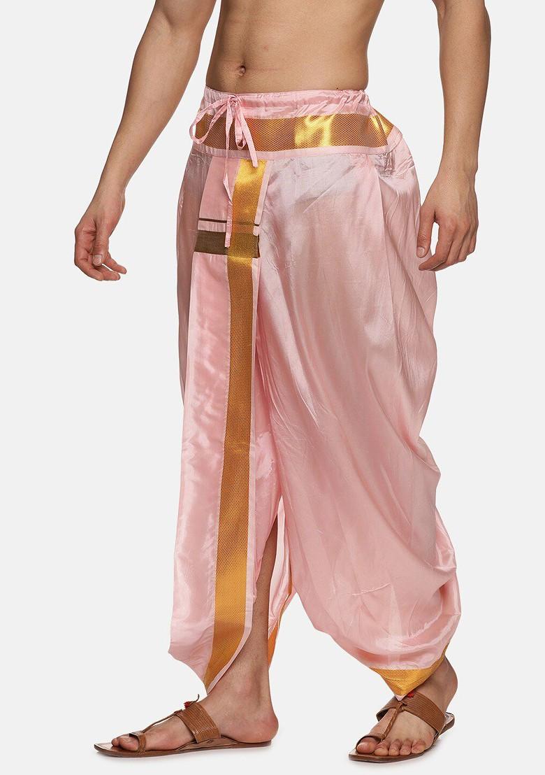 Pink Mid Rise Art Silk Dhotipants For Men - Indya