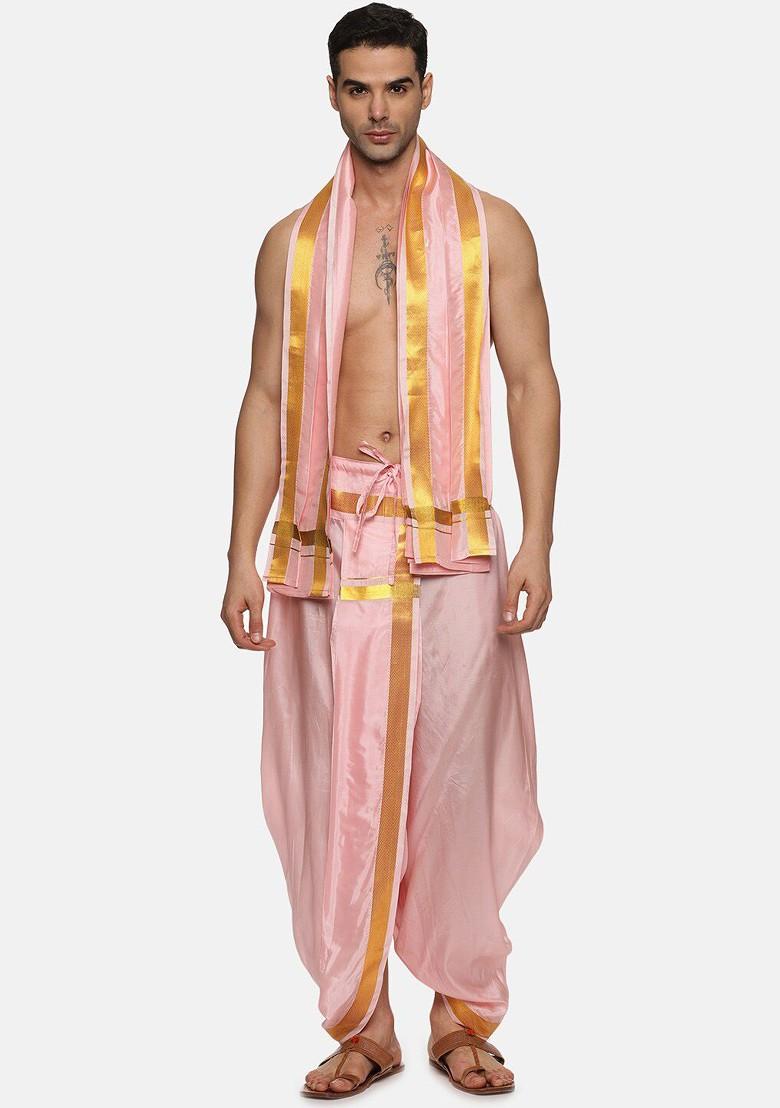 Pink Mid Rise Dhotipant With Angavastram For Men - Indya