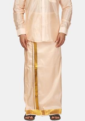 Peach Zari Border Art Silk Dhoti For Men