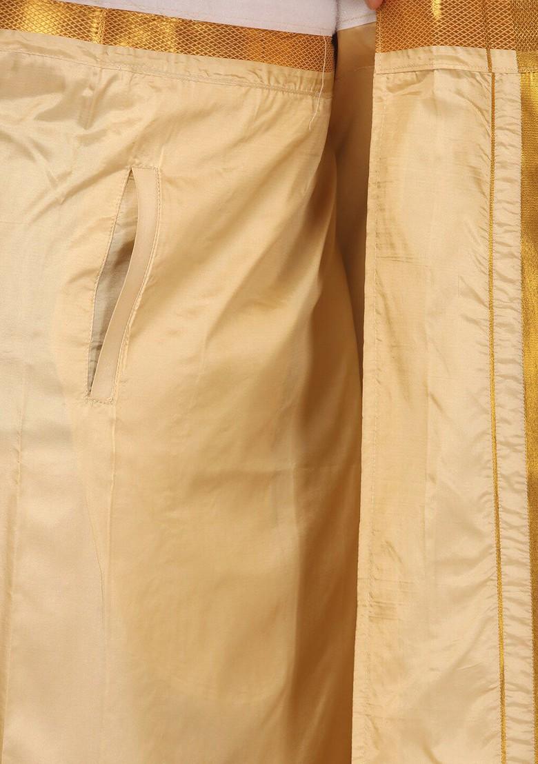 Beige Mid Rise Art Silk Dhotis For Men - Indya