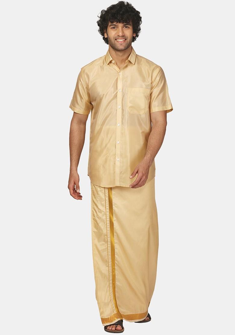 Beige Mid Rise Art Silk Dhotis For Men - Indya