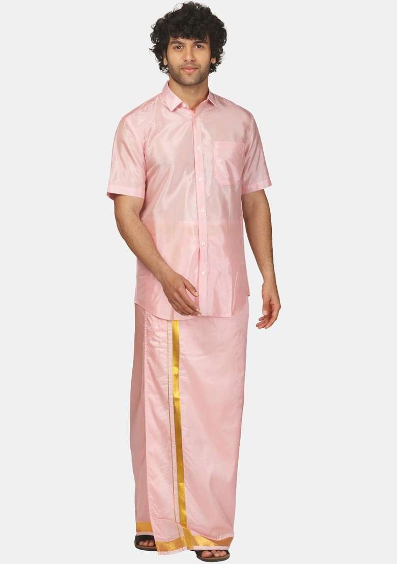 Pink Zari Border Art Silk Blend Dhoti For Men - Indya