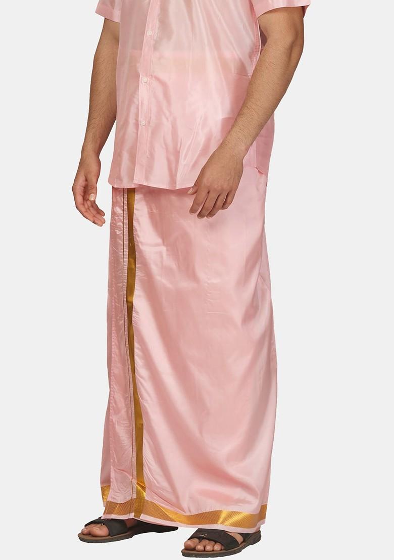 Pink Zari Border Art Silk Dhoti For Men - Indya