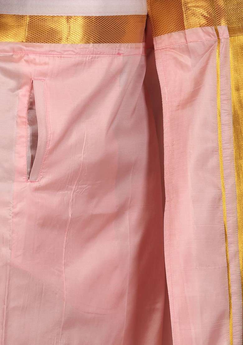 Pink Zari Border Art Silk Blend Dhoti For Men - Indya