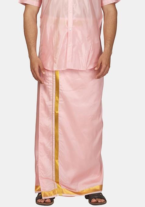 Pink Zari Border Art Silk Dhoti For Men — view on Indya