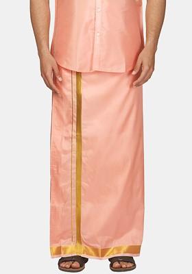 Peach Zari Border Art Silk Dhoti For Men