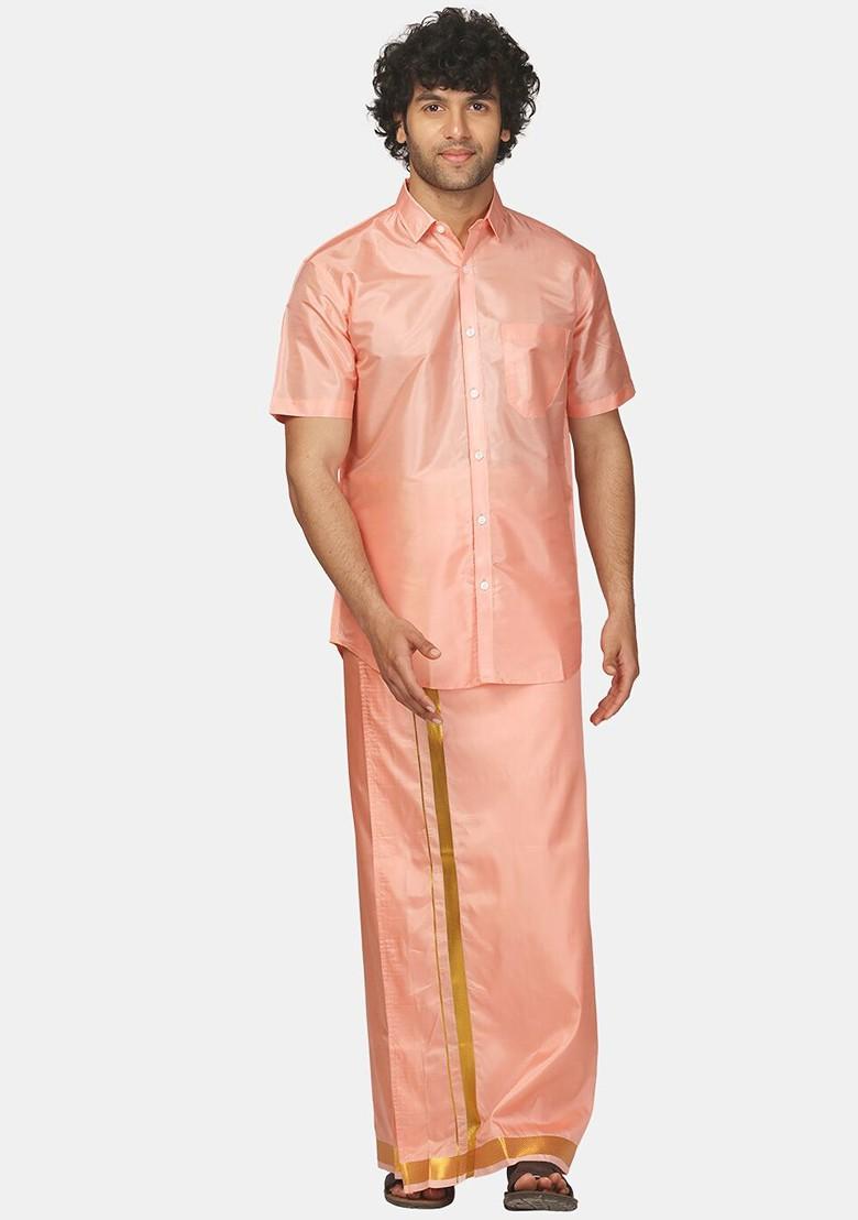 Peach Zari Border Art Silk Dhoti For Men - Indya