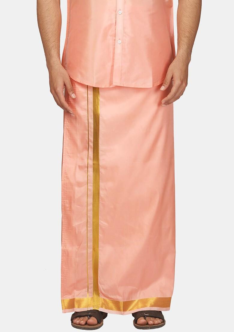 Peach Zari Border Art Silk Dhoti For Men - Indya