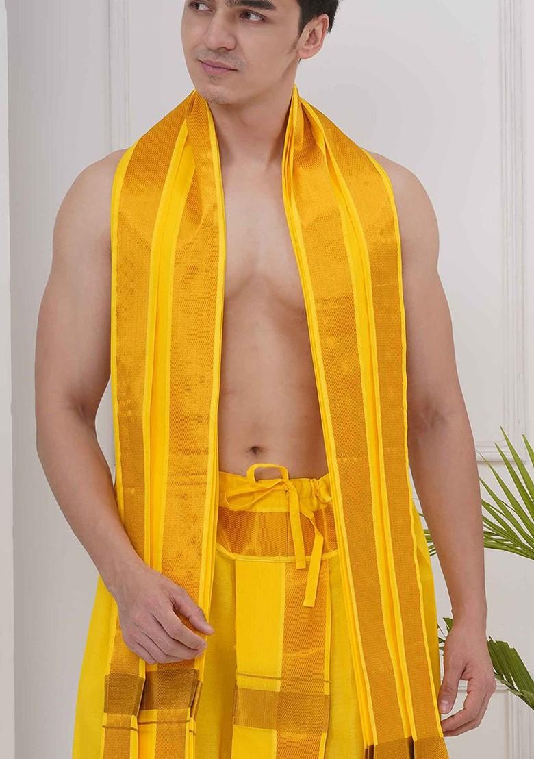Yellow Dhotipant With Angavastram Set For Men