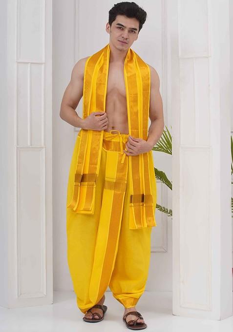 Yellow Dhotipant With Angavastram Set For Men