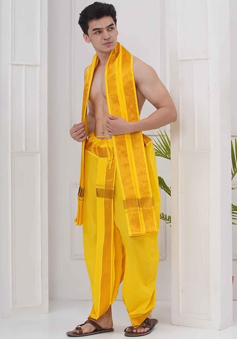 Yellow Dhotipant With Angavastram Set For Men