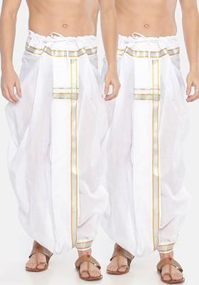White Pack Of 2 White Solid Cotton Dhoti Pants For Men