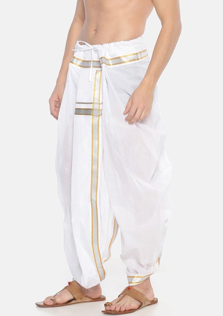 White Pack Of 2 White Solid Cotton Dhoti Pants For Men - Indya